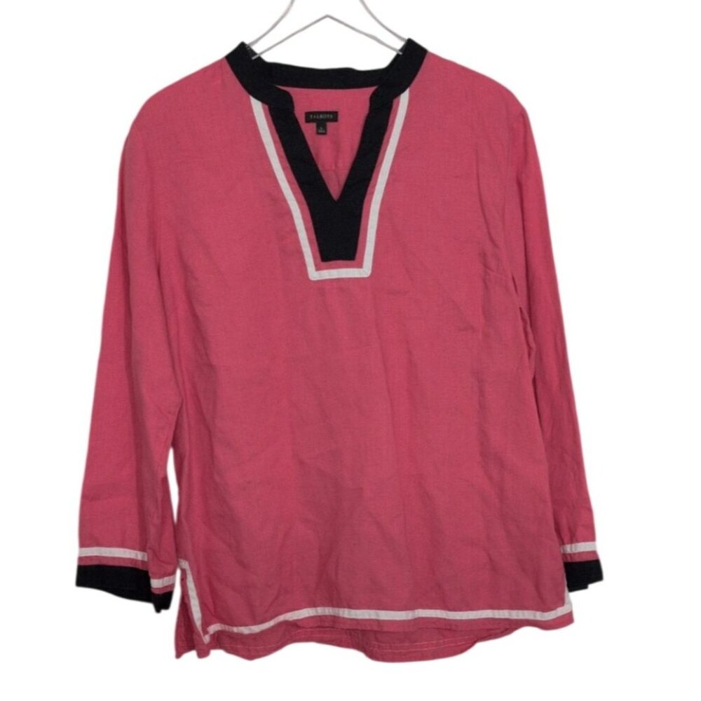 Talbots 100% Linen Tunic Womens Size Large Pink Boho Lightweight Contrast Trim